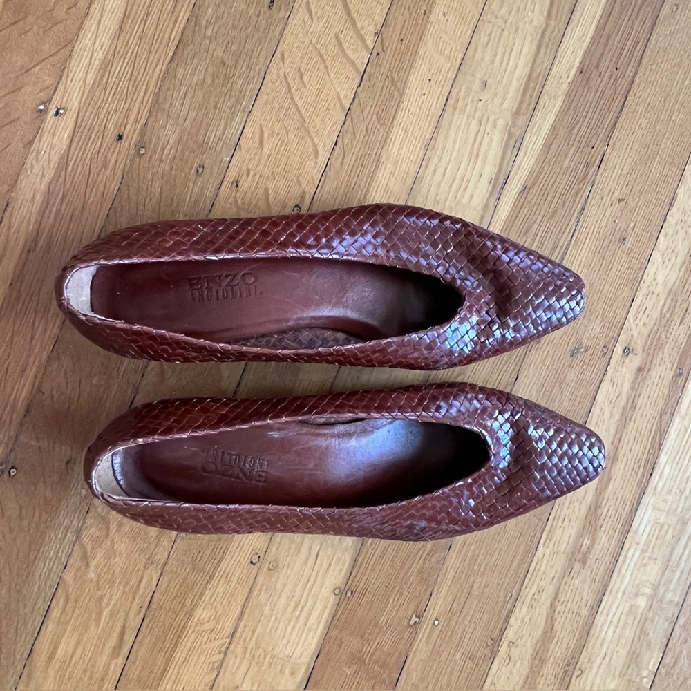 Vintage Enzo angiolini basket weave woven brown leather pumps 10 preppy scandi - Picture 2 of 7